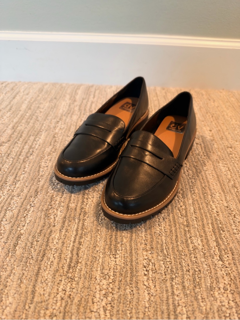 DV by Dolce Vita Black Leather Penny Loafers with Tan Trim